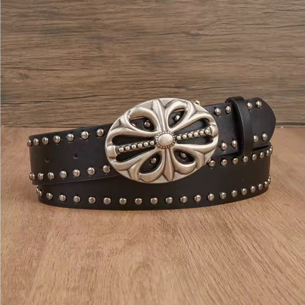 Studded Black Leather Belt with Silver Buckle